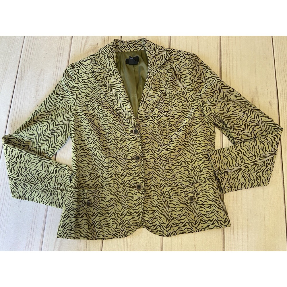 R.Q.T. Button Front Fitted Blazer Rayon Blend Animal Print Green Black Size 10